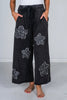 Black Flower Patch Acid Washed Palazzo Cropped Pants - Whiskey Skies - ODDI