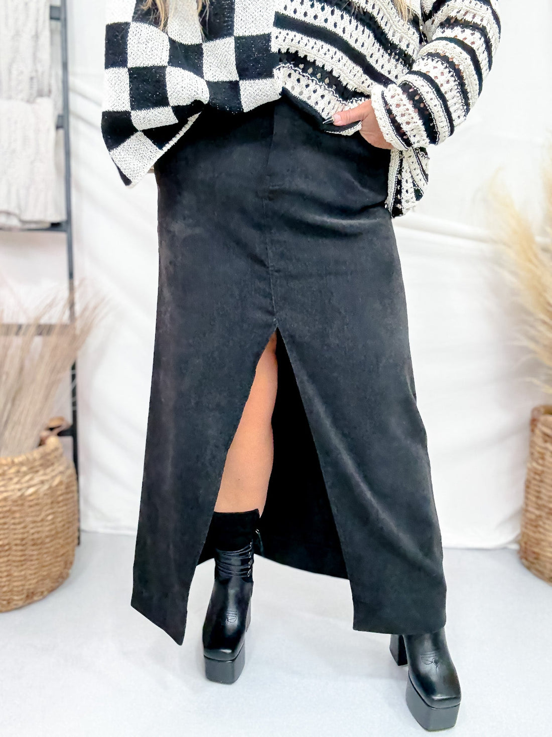 Black Front Slit Stretch Fabric Skirt - Whiskey Skies - JADE BY JANE