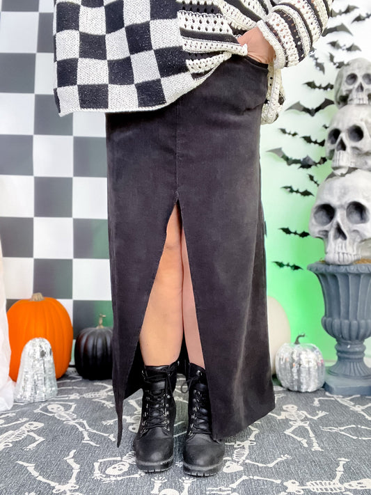 Black Front Slit Stretch Fabric Skirt - Whiskey Skies - JADE BY JANE