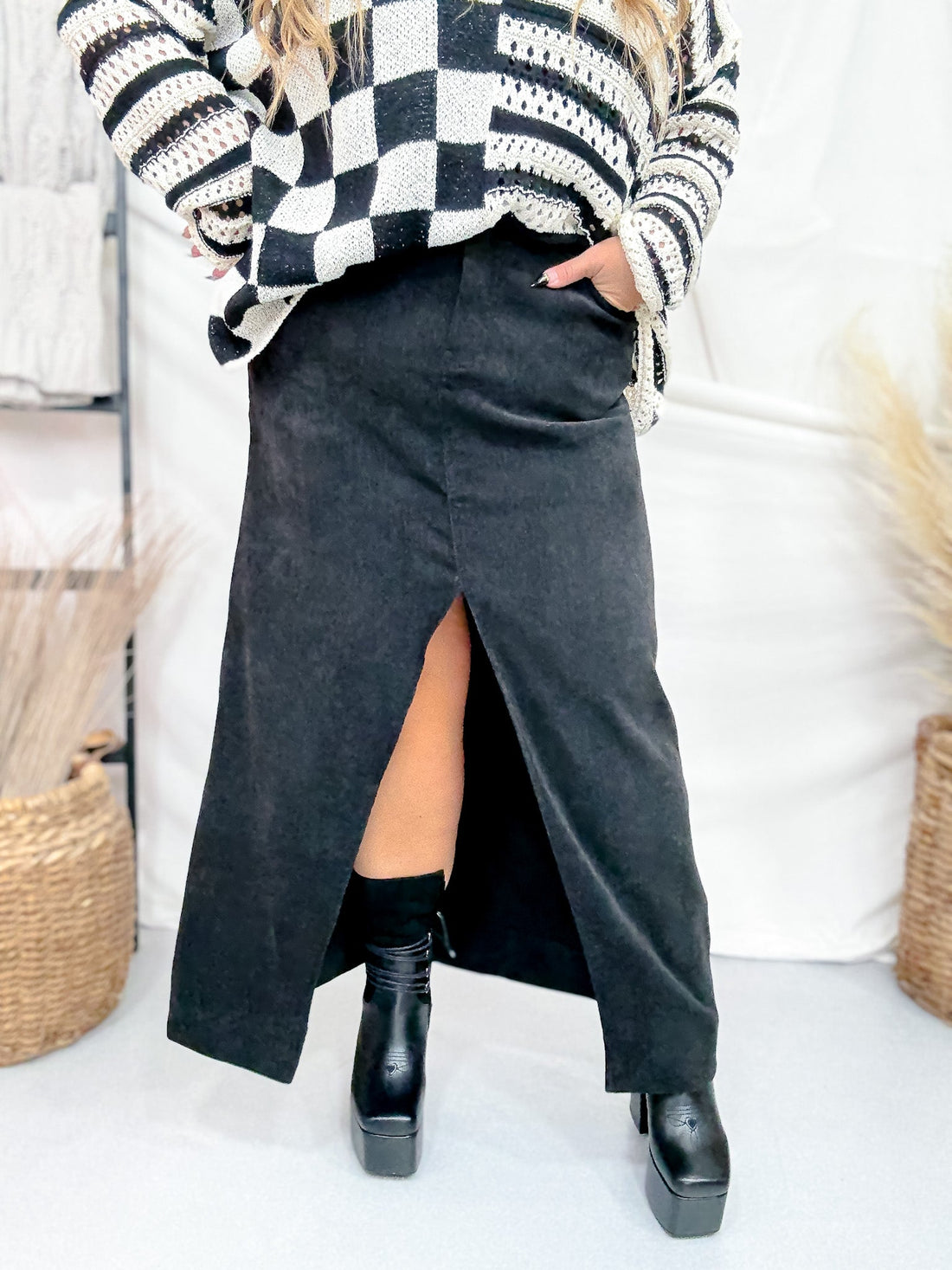 Black Front Slit Stretch Fabric Skirt - Whiskey Skies - JADE BY JANE