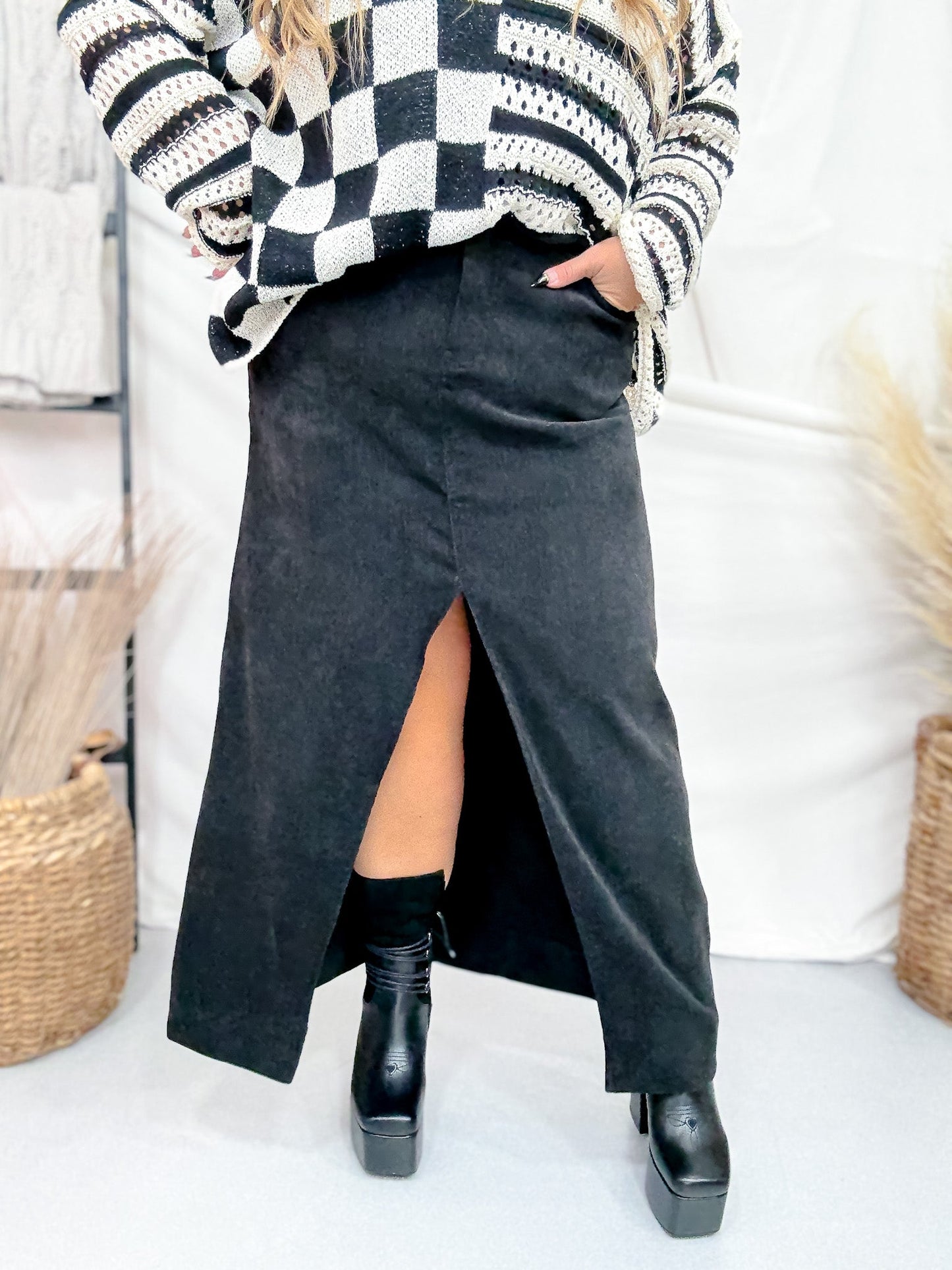 Black Front Slit Stretch Fabric Skirt - Whiskey Skies - JADE BY JANE