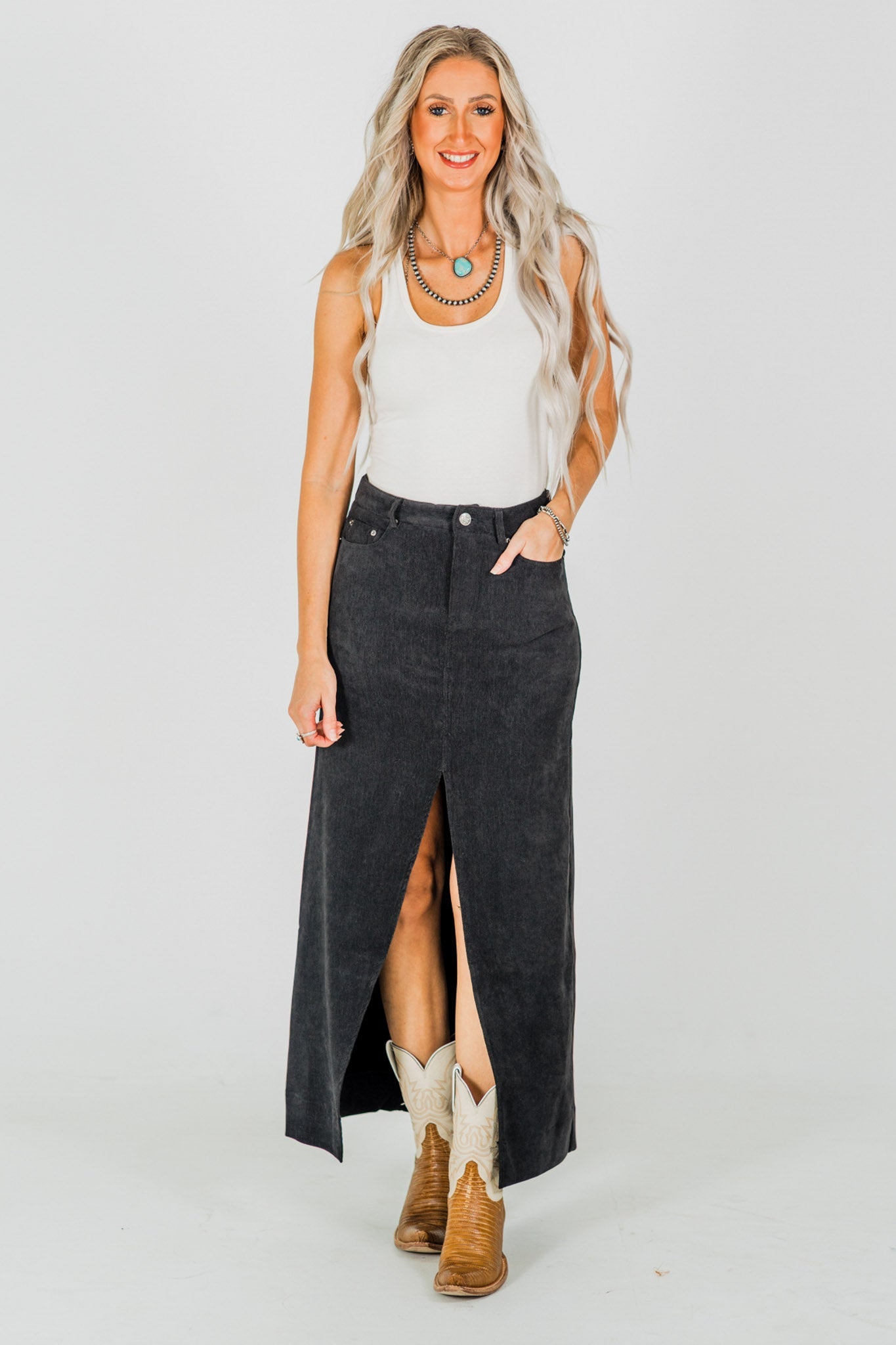 Black Front Slit Stretch Fabric Skirt - Whiskey Skies - JADE BY JANE