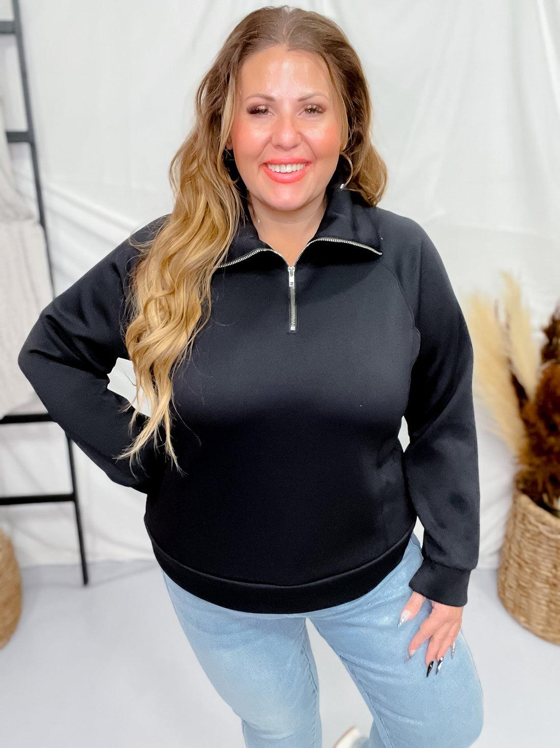 Black Half Zip Long Sleeve Pullover - Whiskey Skies - DEAR SCARLETT