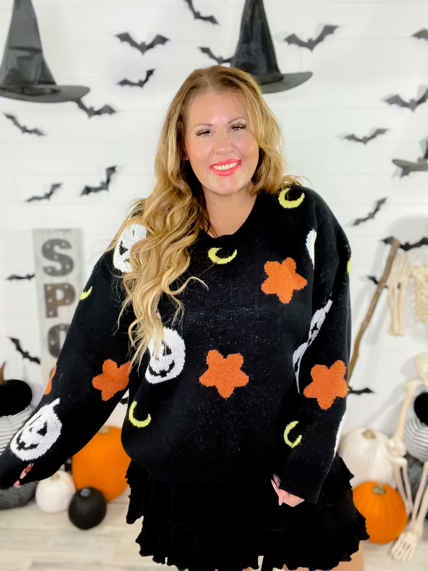 Black Halloween Themed Knit Sweater - Whiskey Skies - GEEGEE