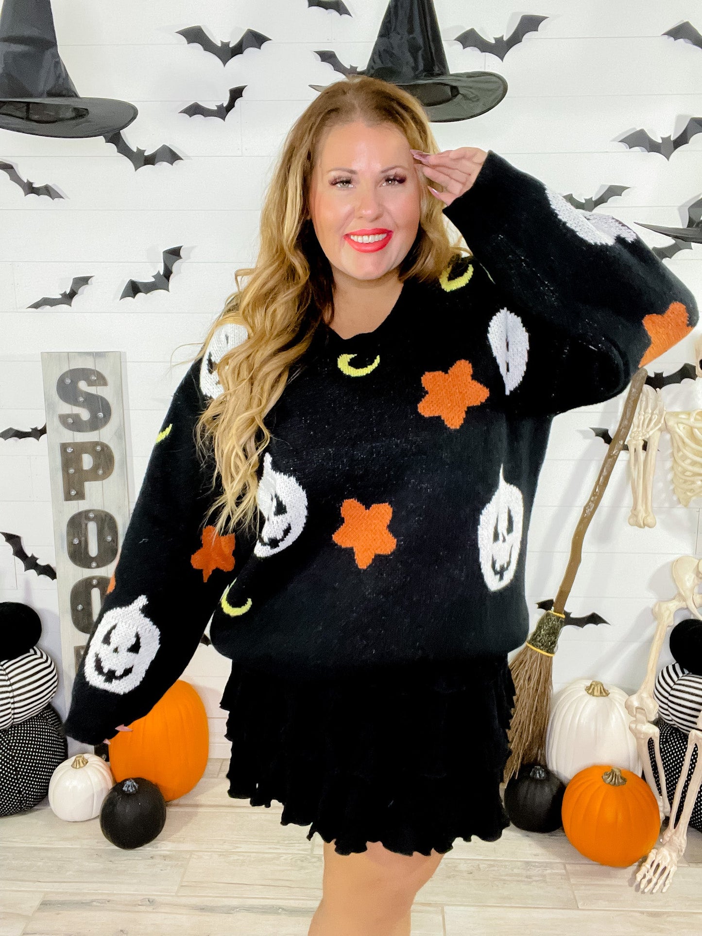 Black Halloween Themed Knit Sweater - Whiskey Skies - GEEGEE