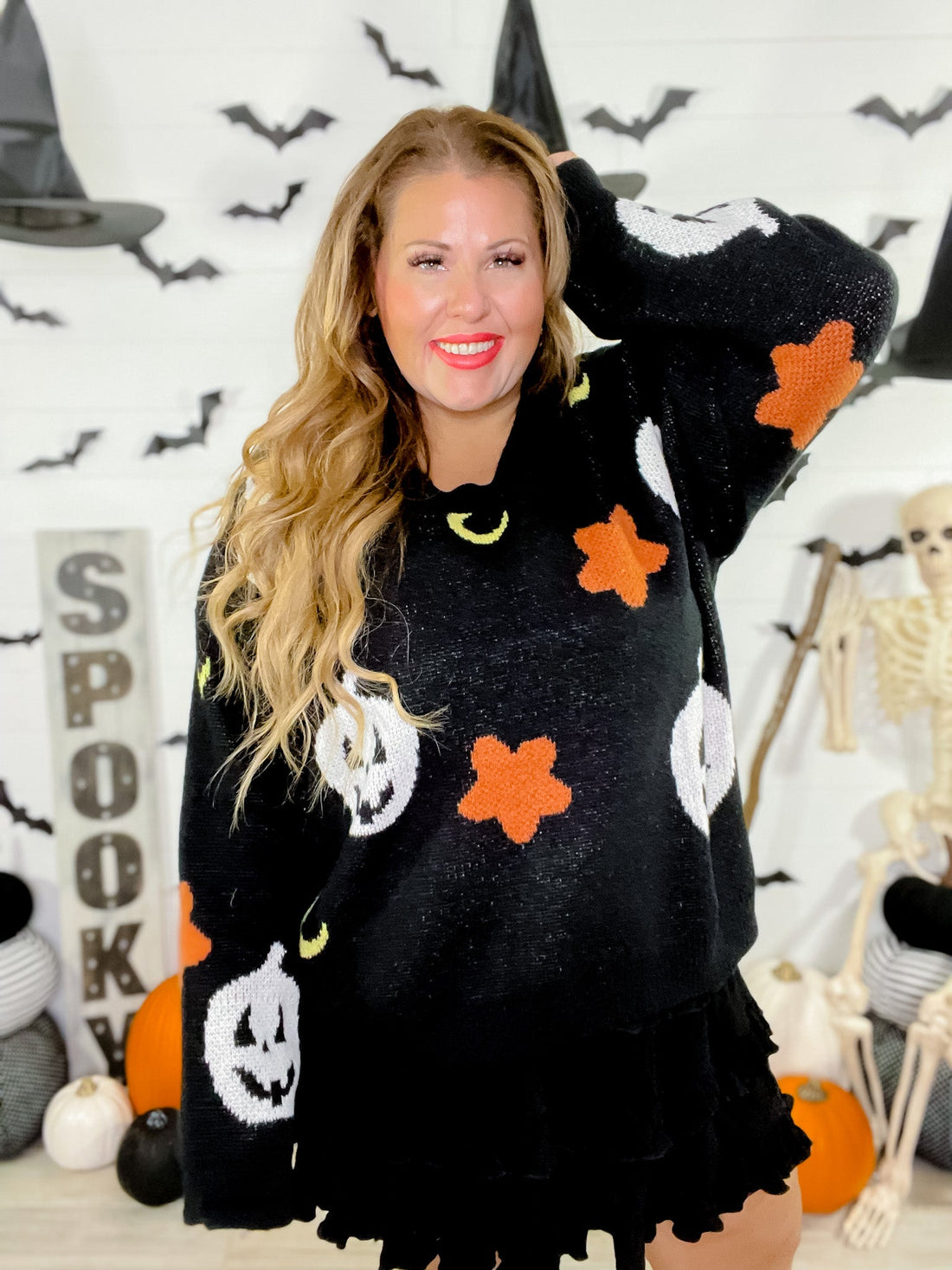 Black Halloween Themed Knit Sweater - Whiskey Skies - GEEGEE