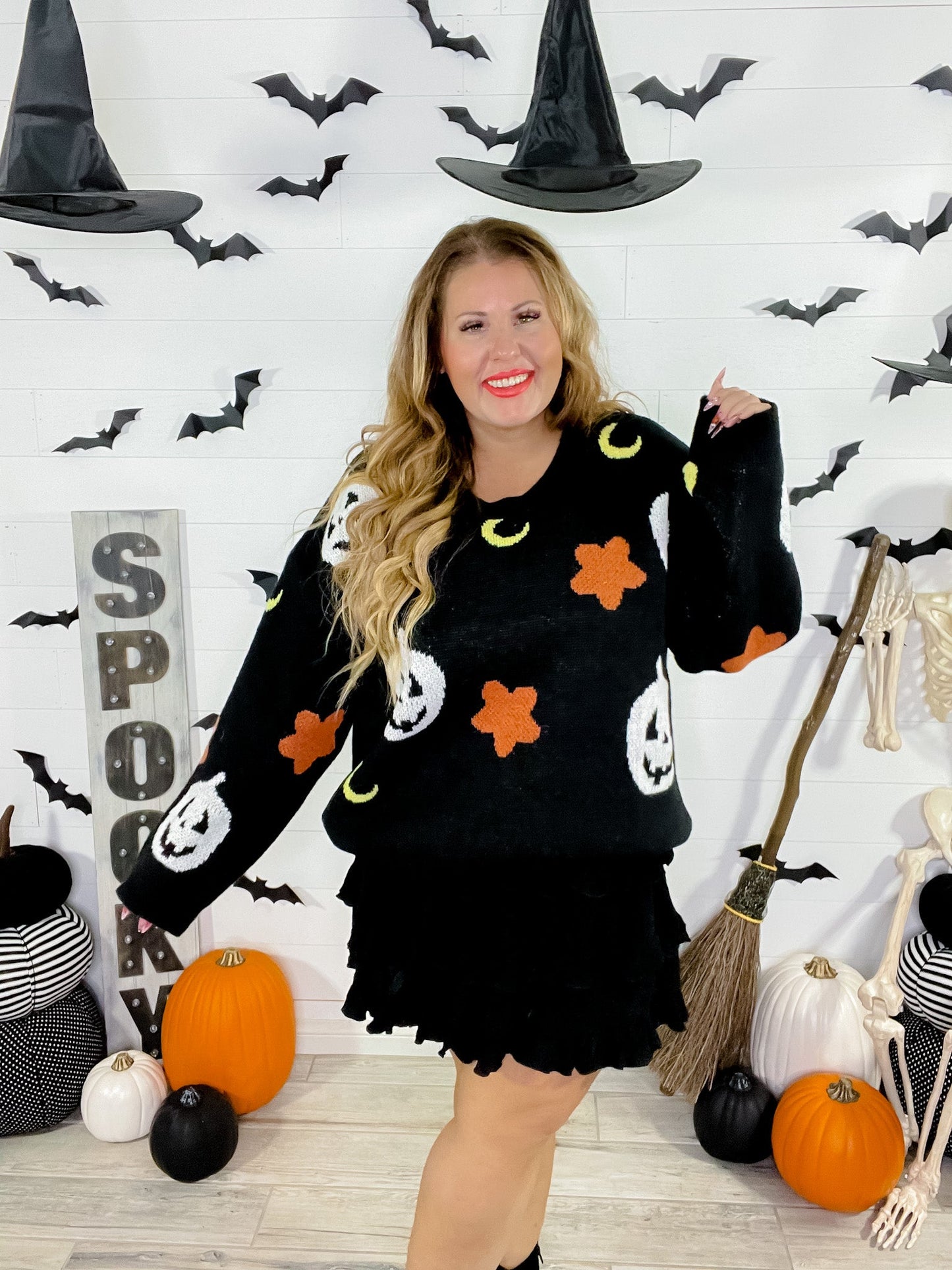 Black Halloween Themed Knit Sweater - Whiskey Skies - GEEGEE