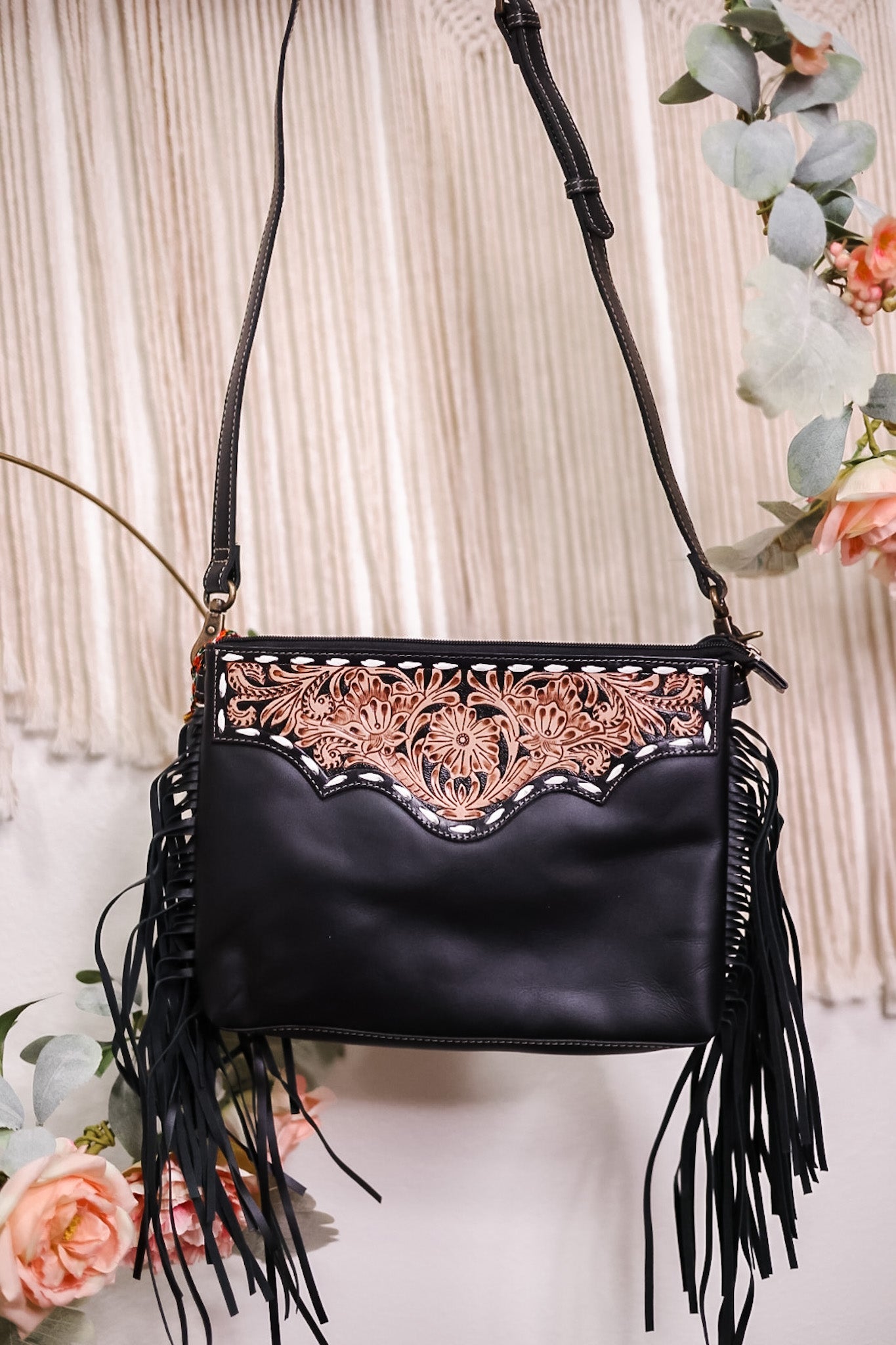 Black Hand Tooled Leather Purse - Whiskey Skies - MYRA BAGS