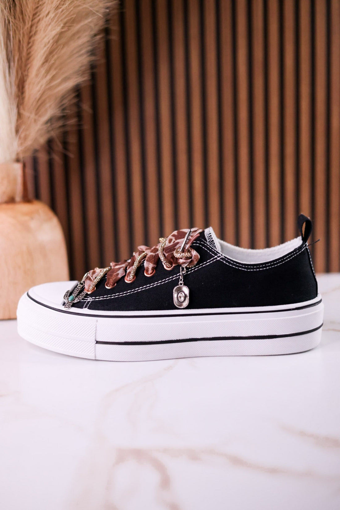 Black "Harmon" Sneakers With Leopard Print & Rhinestone Laces - Whiskey Skies - VERY G