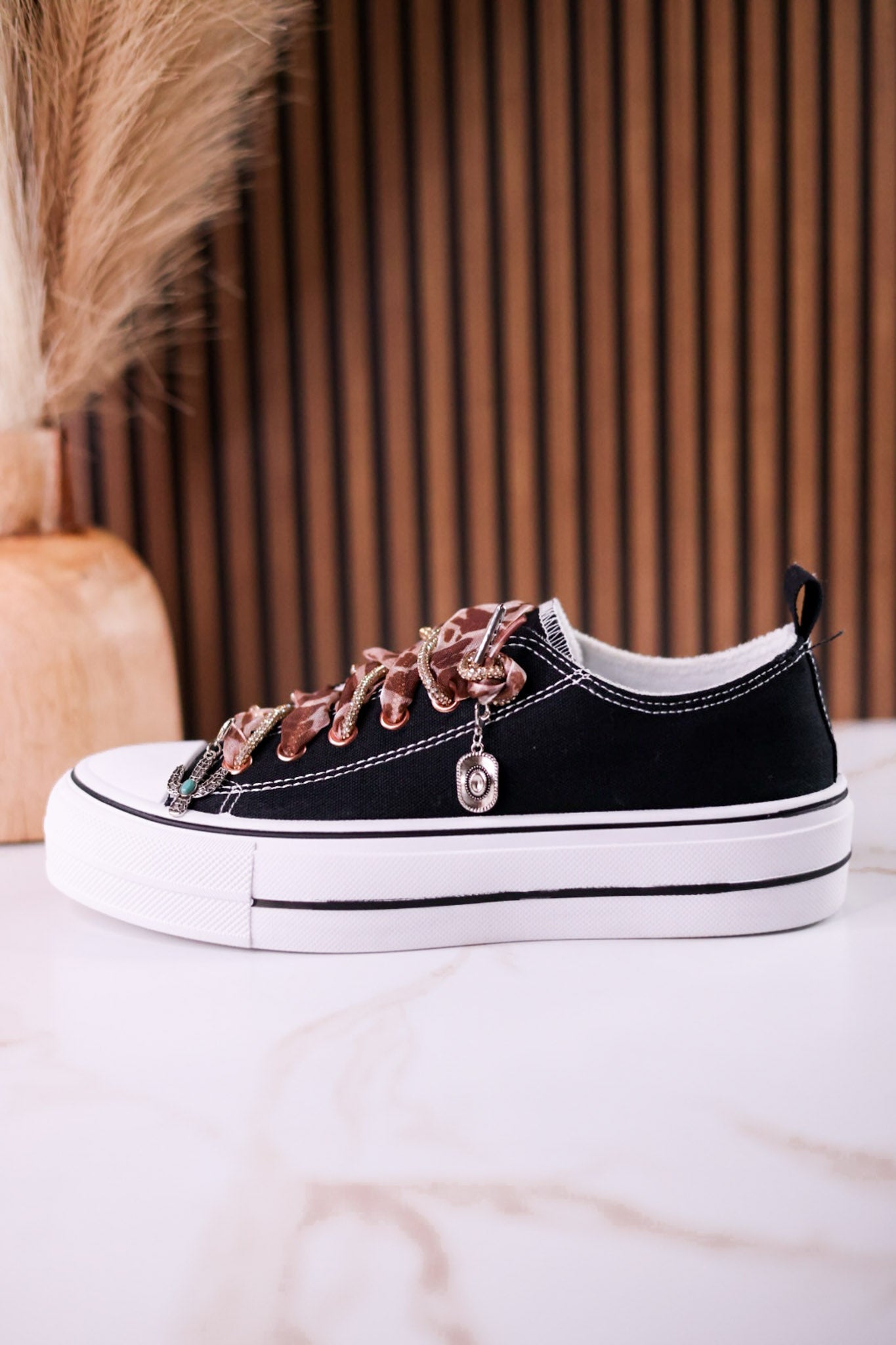 Black "Harmon" Sneakers With Leopard Print & Rhinestone Laces - Whiskey Skies - VERY G