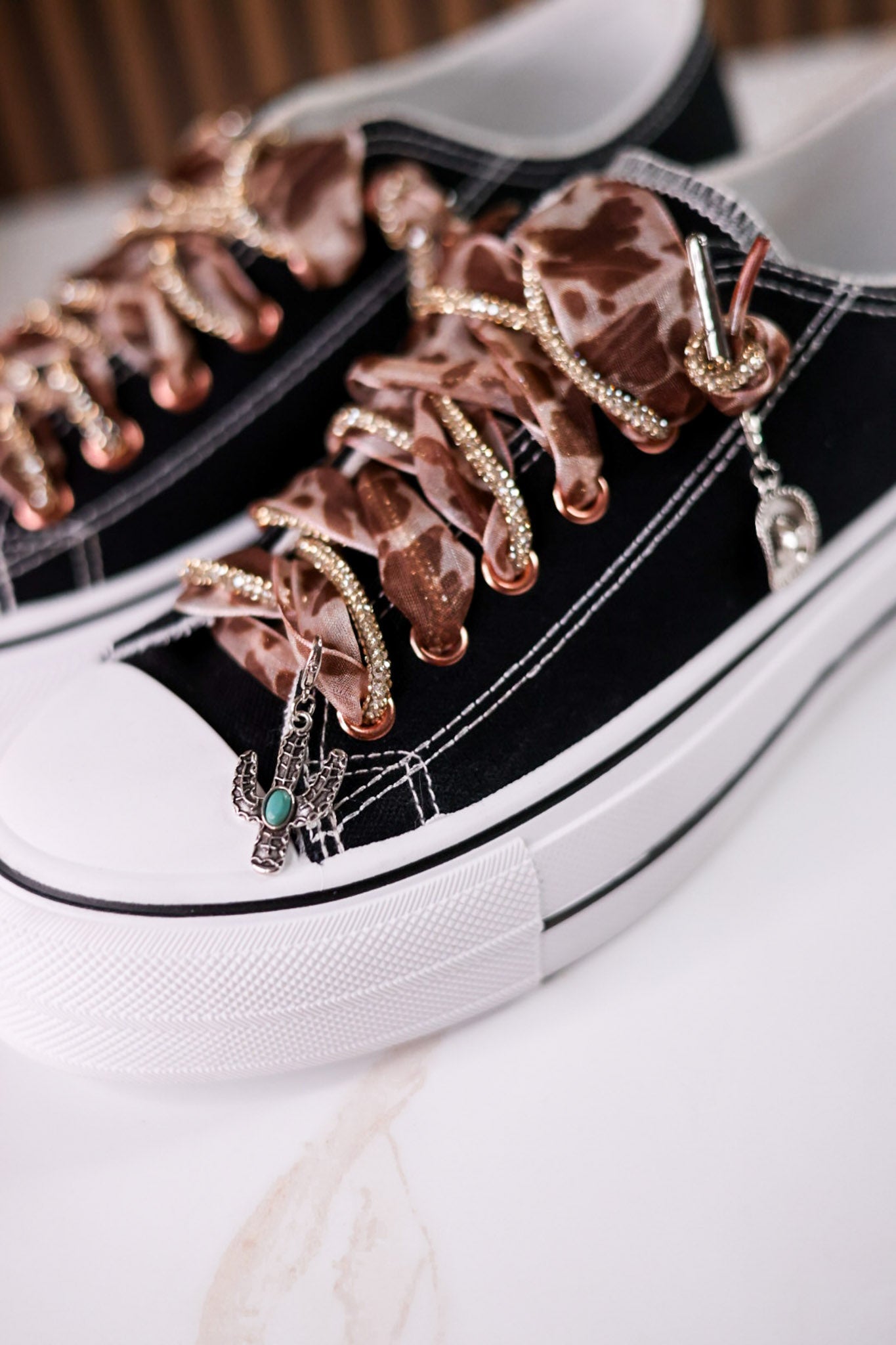 Black "Harmon" Sneakers With Leopard Print & Rhinestone Laces - Whiskey Skies - VERY G