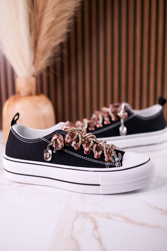 Black "Harmon" Sneakers With Leopard Print & Rhinestone Laces - Whiskey Skies - VERY G