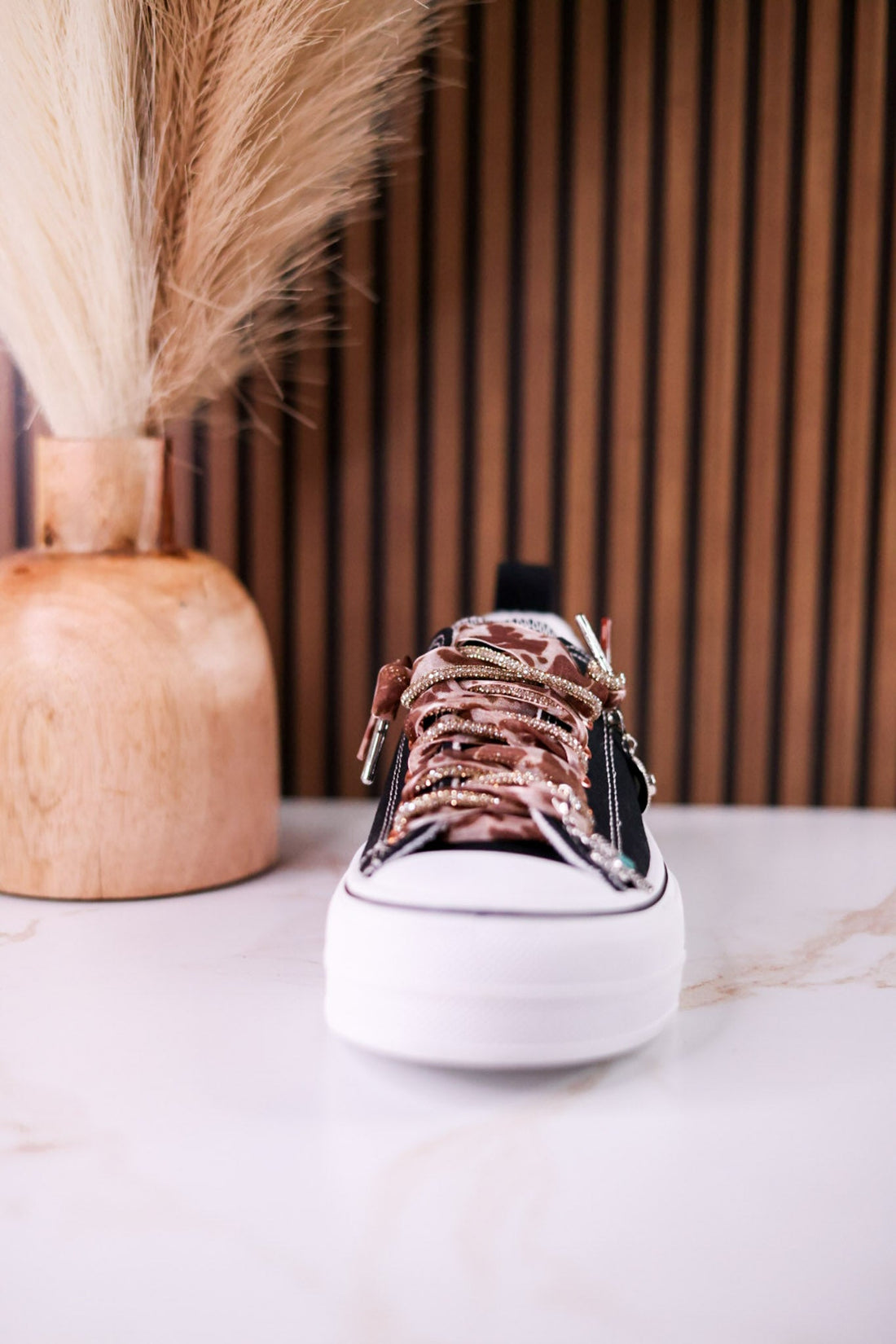 Black "Harmon" Sneakers With Leopard Print & Rhinestone Laces - Whiskey Skies - VERY G
