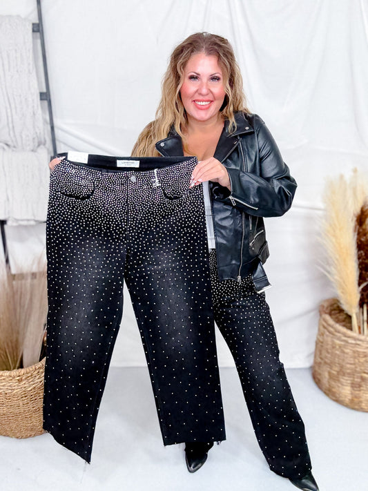 Black High - Rise Slim Wide Leg Jeans W/ Rhinestones - Whiskey Skies - LOVERVET BY VERVET