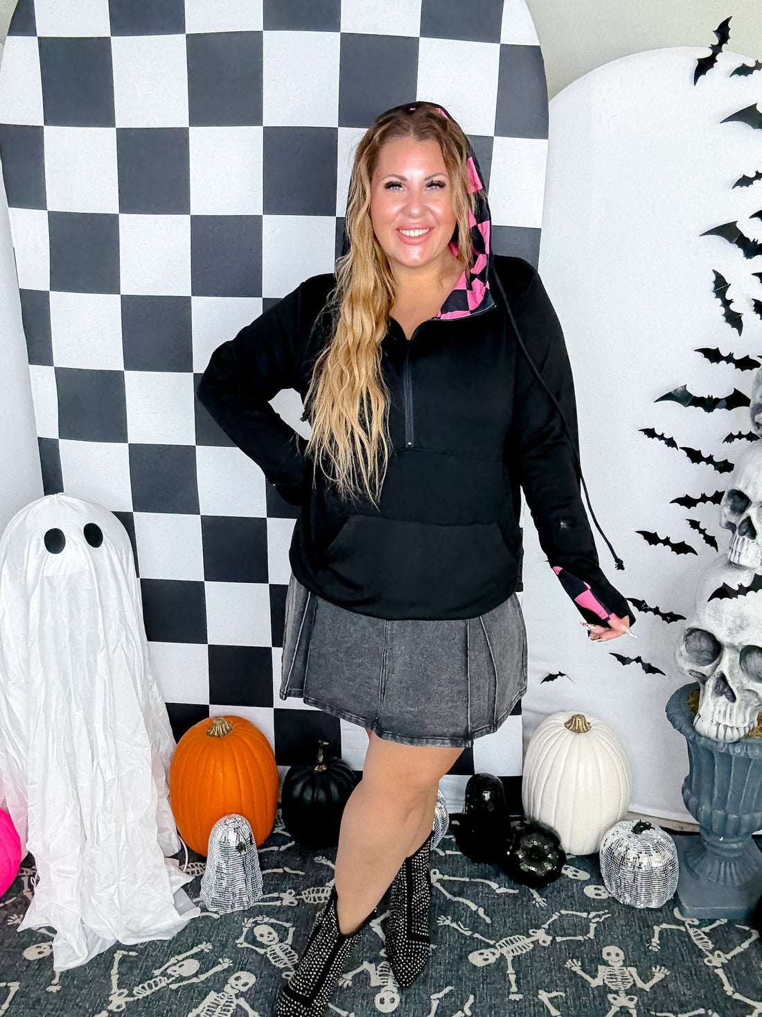 Black Hoodie With Half Zip and Pink Checkerboard Accents - Whiskey Skies - SHIRLEY & STONE