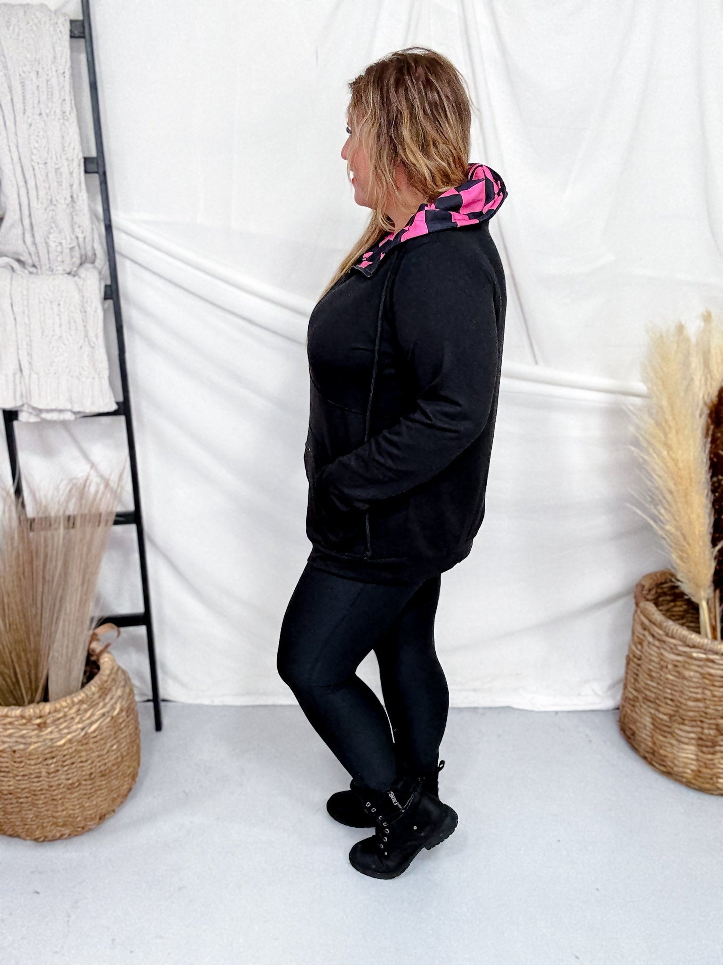 Black Hoodie With Half Zip and Pink Checkerboard Accents - Whiskey Skies - SHIRLEY & STONE