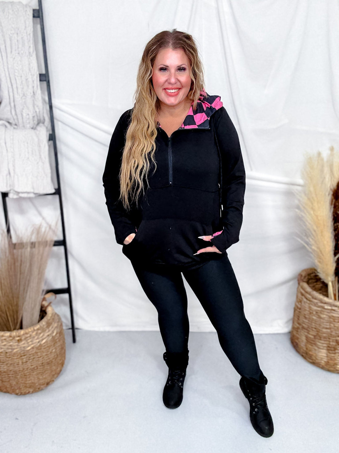 Black Hoodie With Half Zip and Pink Checkerboard Accents - Whiskey Skies - SHIRLEY & STONE