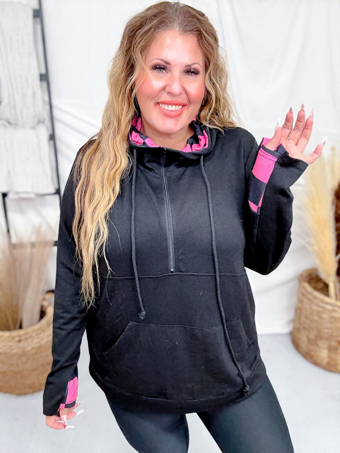 Black Hoodie With Half Zip and Pink Checkerboard Accents - Whiskey Skies - SHIRLEY & STONE
