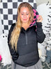 Black Hoodie With Half Zip and Pink Checkerboard Accents - Whiskey Skies - SHIRLEY & STONE
