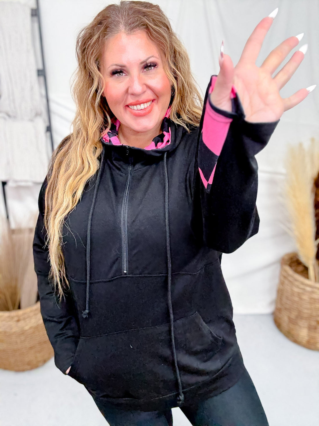 Black Hoodie With Half Zip and Pink Checkerboard Accents - Whiskey Skies - SHIRLEY & STONE