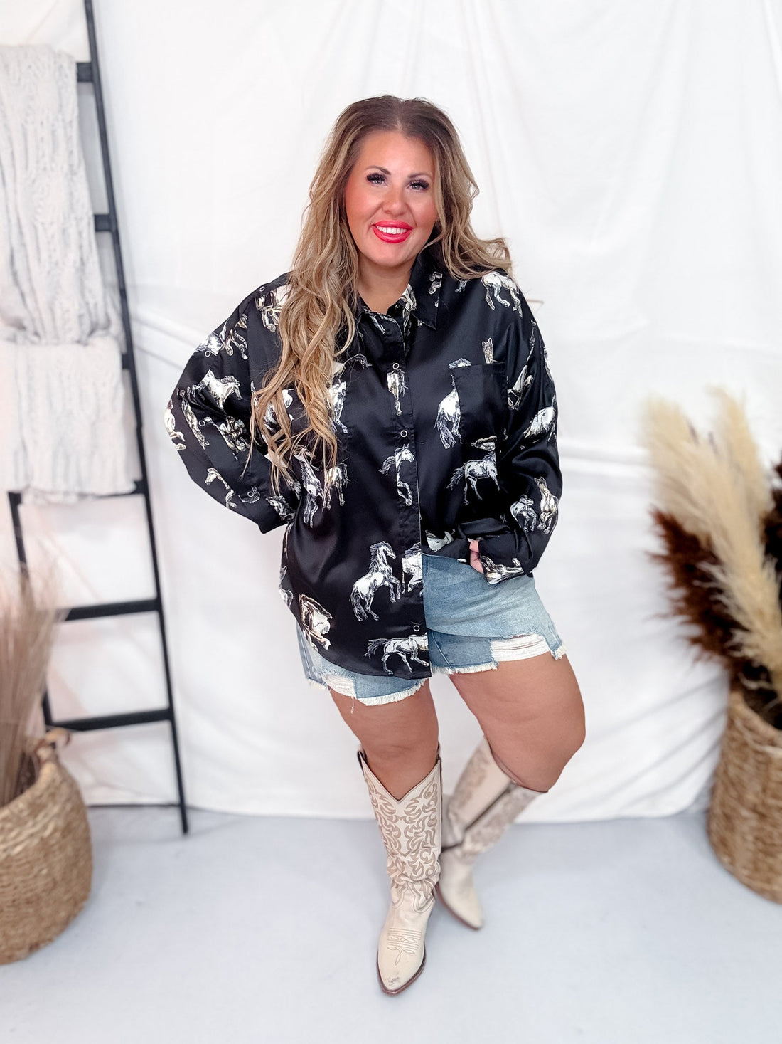 Black Horse Print Satin Button Down Top with Snap Button Sleeves - Whiskey Skies - SWEET GENERIS