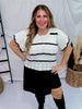 Black & Ivory Butterfly Sleeve Pointelle Striped Sweater - Whiskey Skies - BIBI