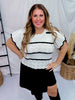 Black & Ivory Butterfly Sleeve Pointelle Striped Sweater - Whiskey Skies - BIBI