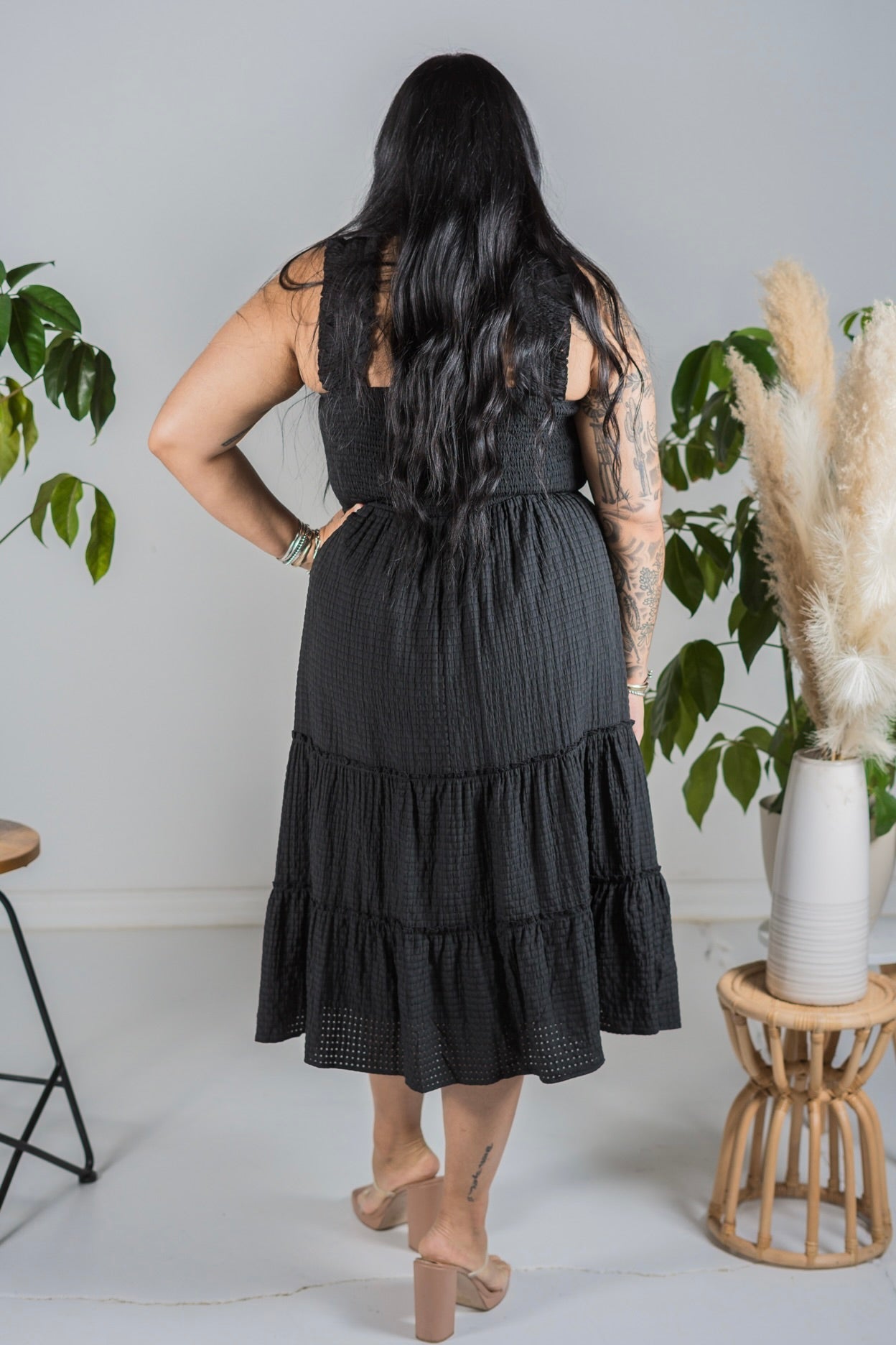 Black Jacquard Checker Print Tiered Midi Dress - Whiskey Skies - DAVI & DANI