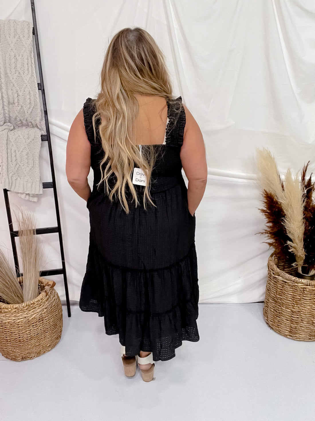 Black Jacquard Checker Print Tiered Midi Dress - Whiskey Skies - DAVI & DANI