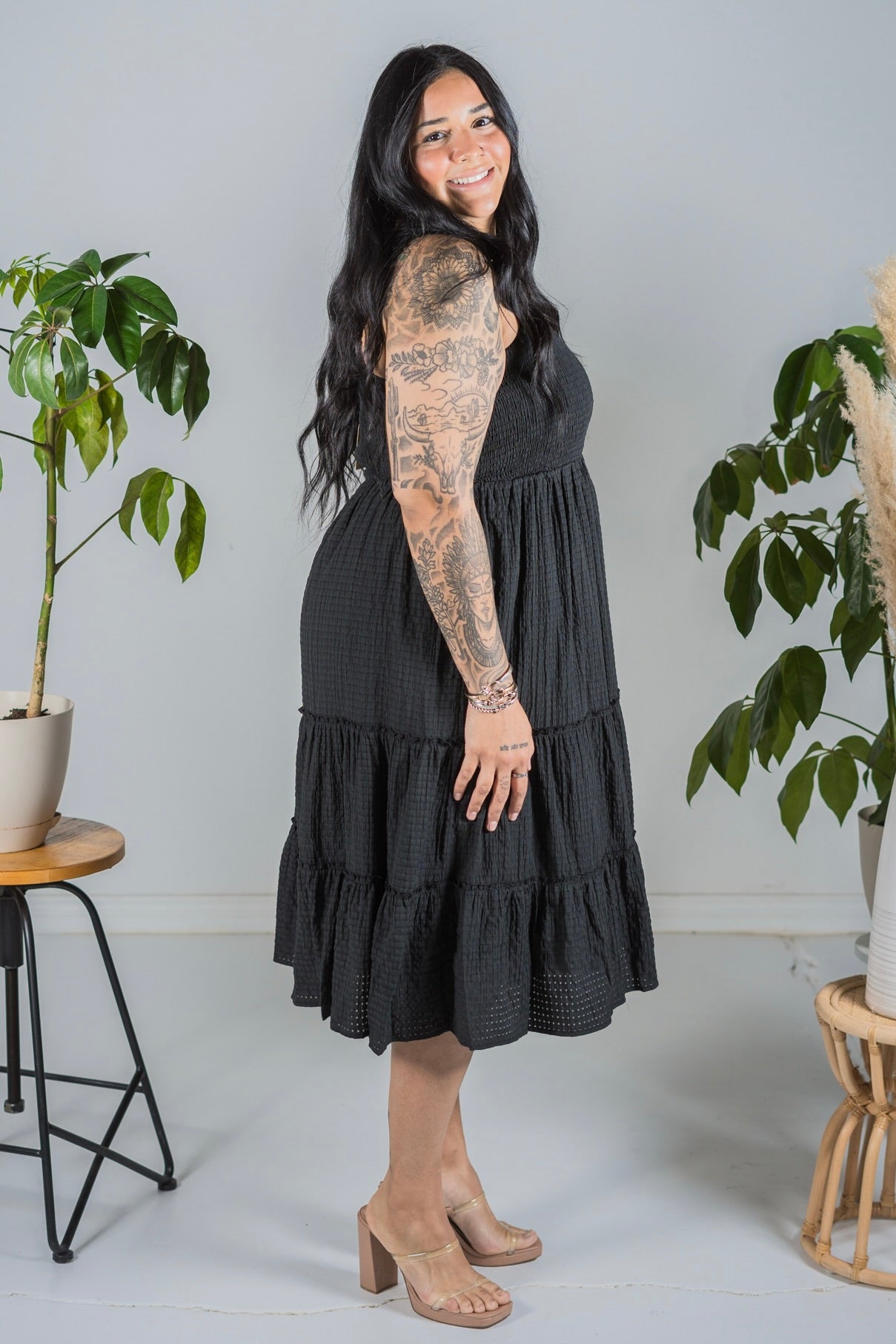 Black Jacquard Checker Print Tiered Midi Dress - Whiskey Skies - DAVI & DANI