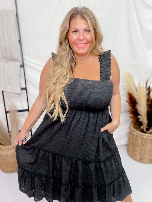 Black Jacquard Checker Print Tiered Midi Dress - Whiskey Skies - DAVI & DANI
