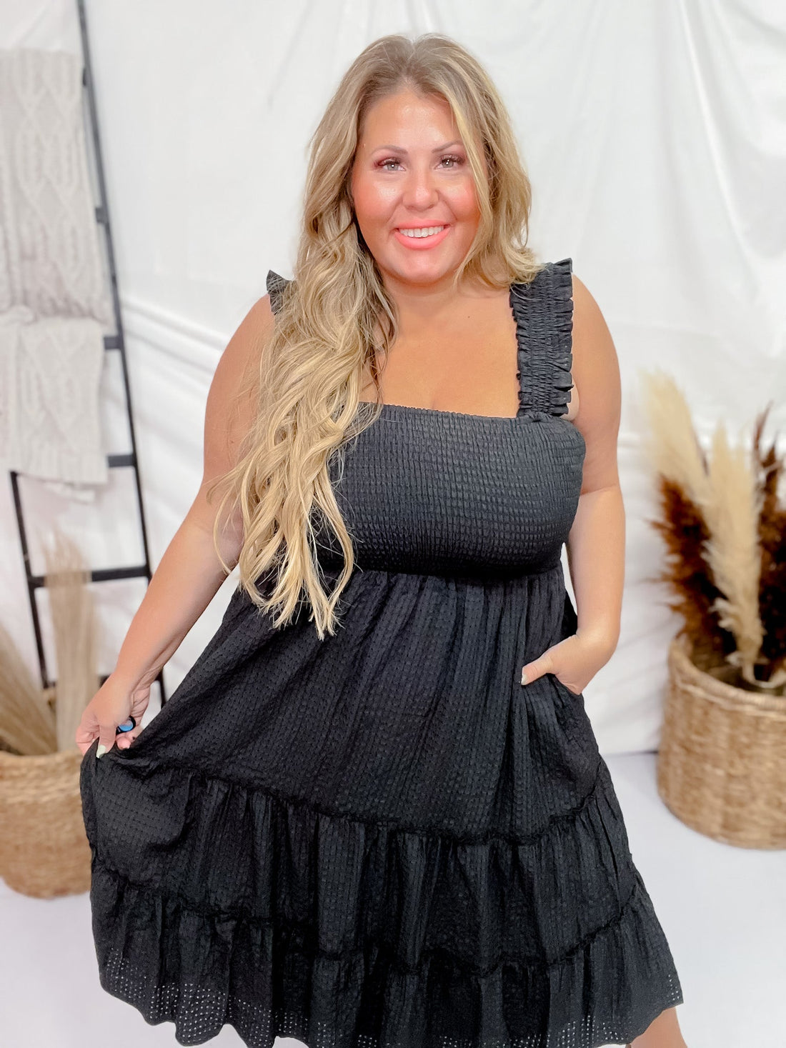 Black Jacquard Checker Print Tiered Midi Dress - Whiskey Skies - DAVI & DANI