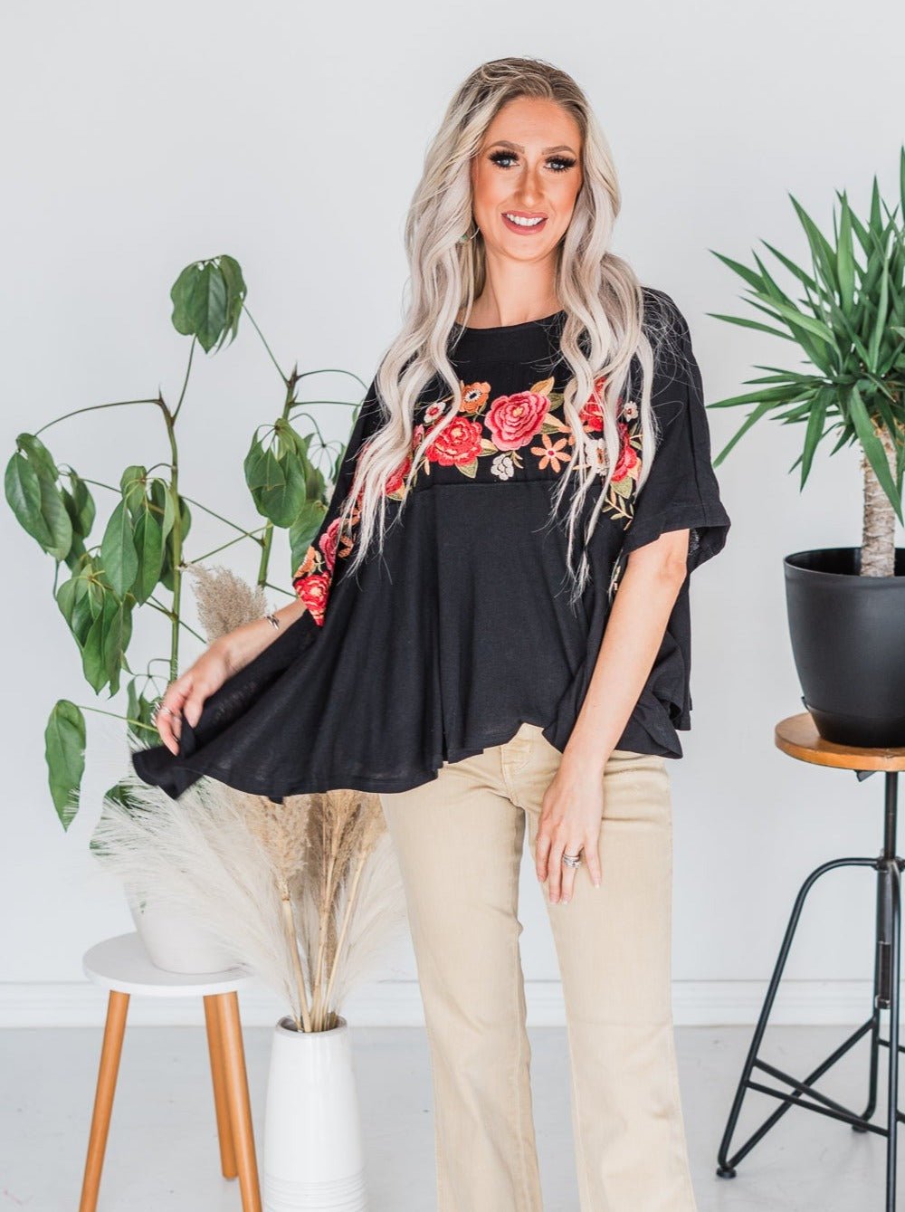 Black Knit Poncho W/ Floral Embroidery - Whiskey Skies - ANDREE BY UNIT