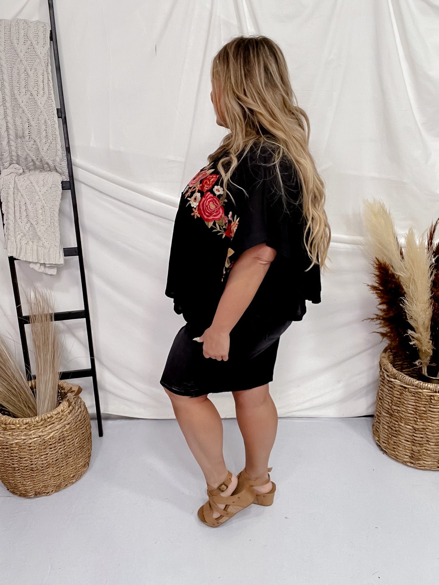 Black Knit Poncho W/ Floral Embroidery - Whiskey Skies - ANDREE BY UNIT
