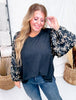 Black Knit Pullover Top With Bow Print Puff Sleeves - Whiskey Skies - HAYDEN