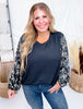 Black Knit Pullover Top With Bow Print Puff Sleeves - Whiskey Skies - HAYDEN