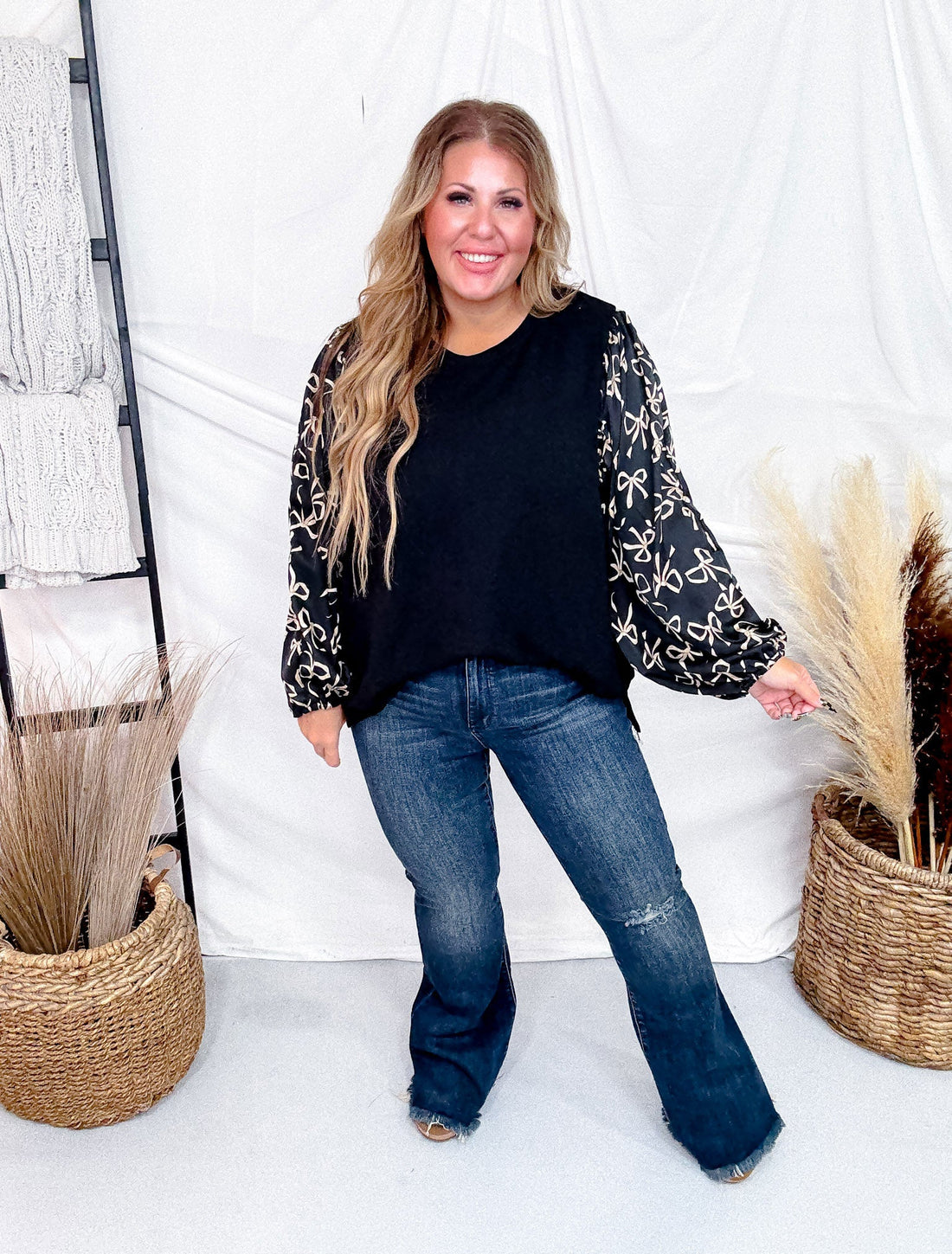 Black Knit Pullover Top With Bow Print Puff Sleeves - Whiskey Skies - HAYDEN