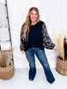 Black Knit Pullover Top With Bow Print Puff Sleeves - Whiskey Skies - HAYDEN