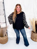 Black Knit Pullover Top With Bow Print Puff Sleeves - Whiskey Skies - HAYDEN