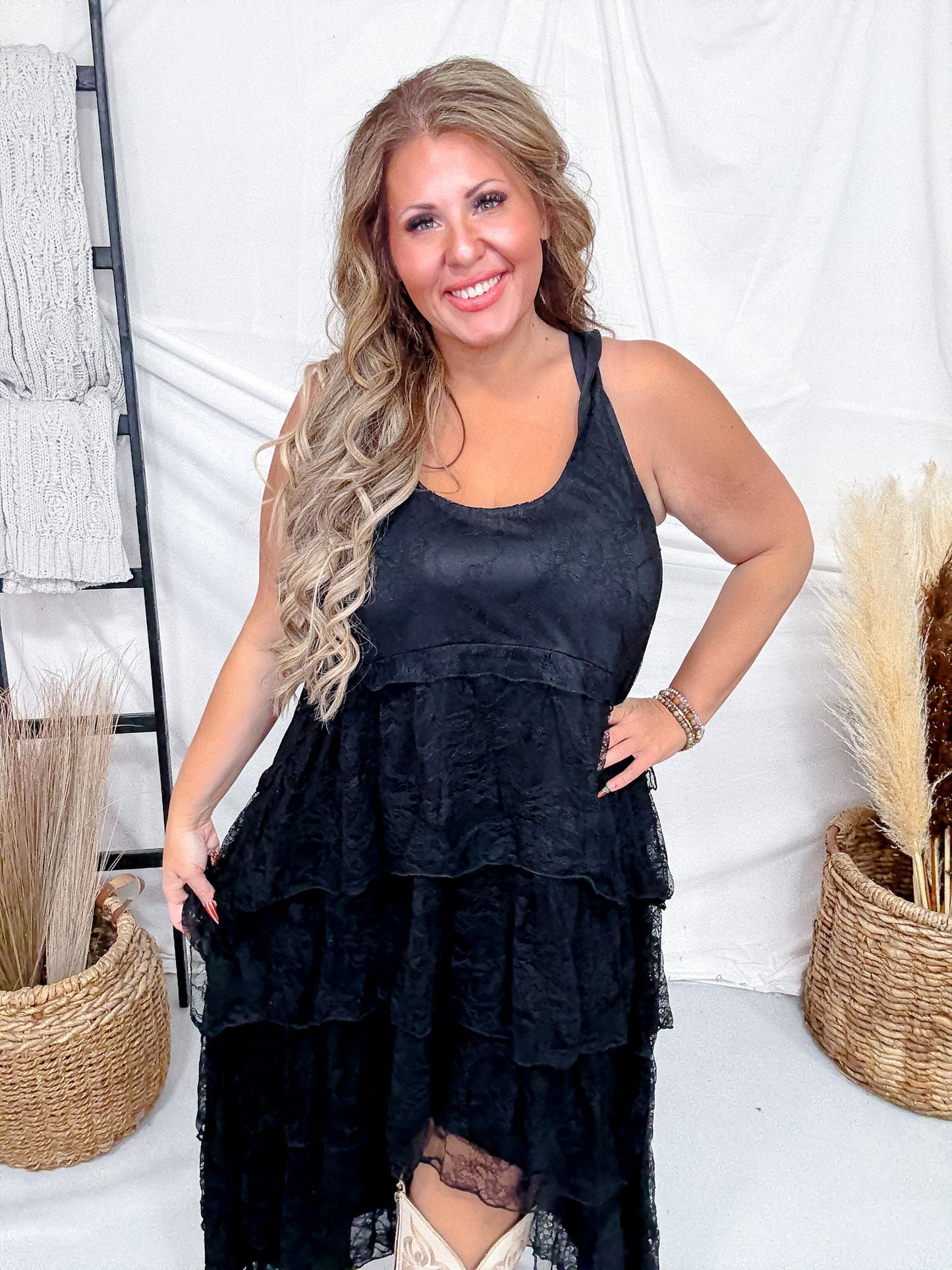 Black Lace Round Neck High - Low Dress With Twist Straps - Whiskey Skies - POLAGRAM + BAEVELY