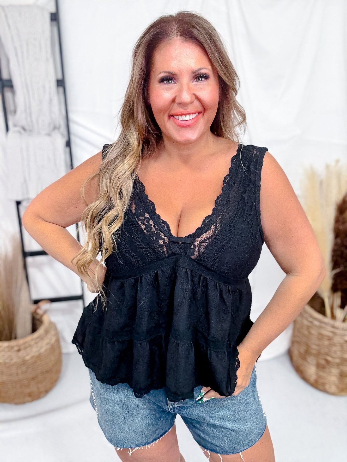 Black Lace Trim Deep V - Neck Tank Top - Whiskey Skies - POL CLOTHING INC.