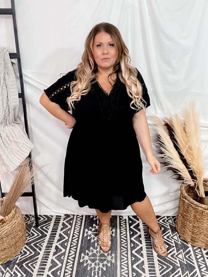 Black Lace Trim Short Sleeve Dress - Whiskey Skies - DAVI & DANI