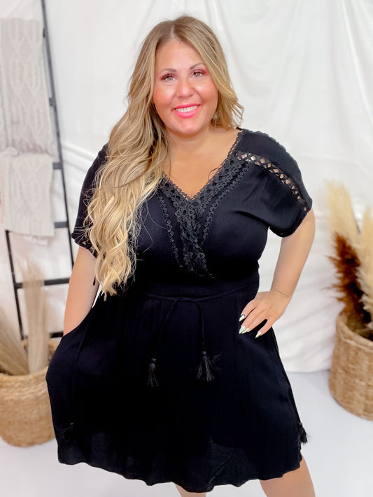 Black Lace Trim Short Sleeve Dress - Whiskey Skies - DAVI & DANI