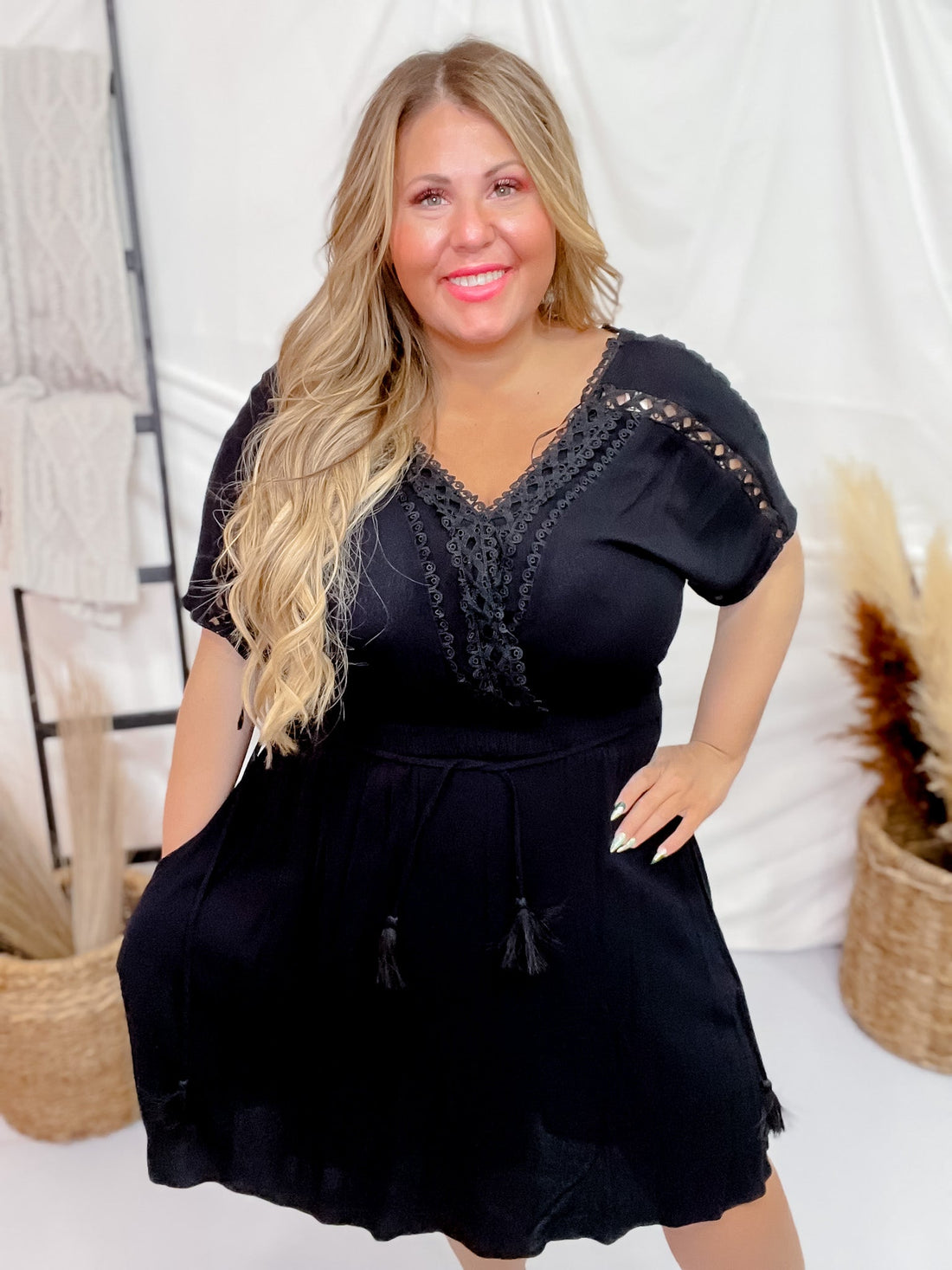 Black Lace Trim Short Sleeve Dress - Whiskey Skies - DAVI & DANI