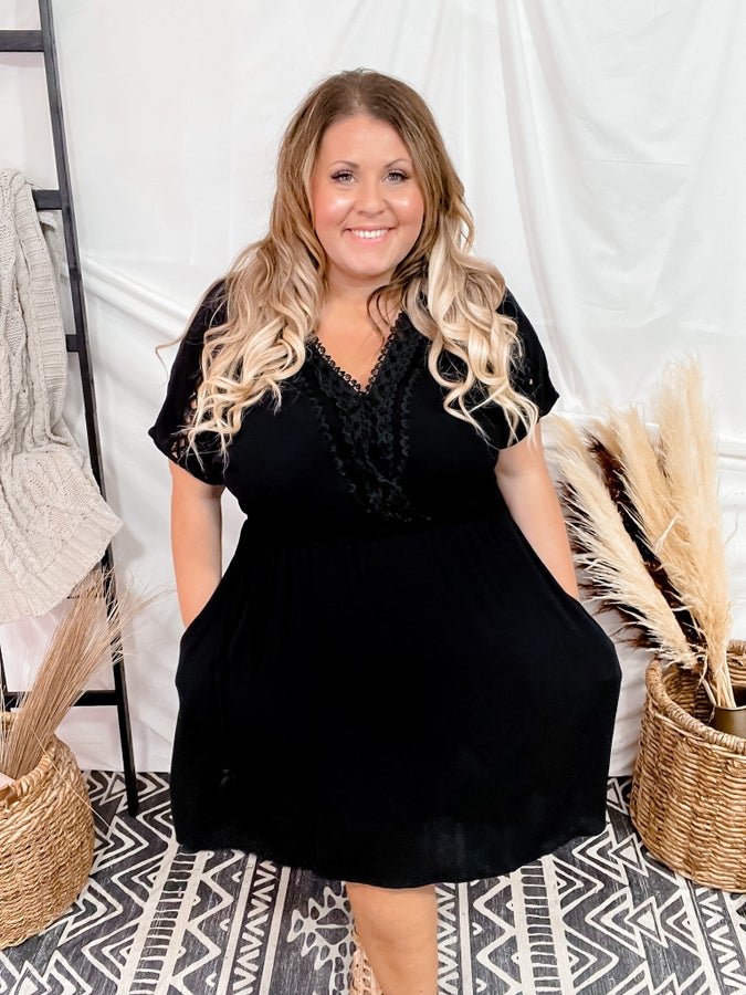 Black Lace Trim Short Sleeve Dress - Whiskey Skies - DAVI & DANI