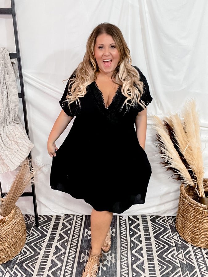 Black Lace Trim Short Sleeve Dress - Whiskey Skies - DAVI & DANI