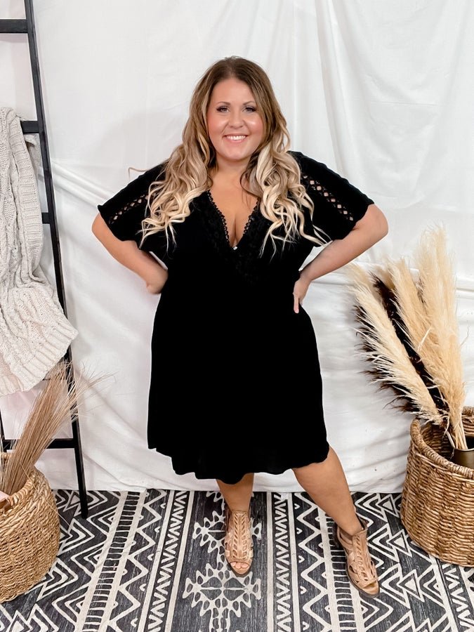 Black Lace Trim Short Sleeve Dress - Whiskey Skies - DAVI & DANI