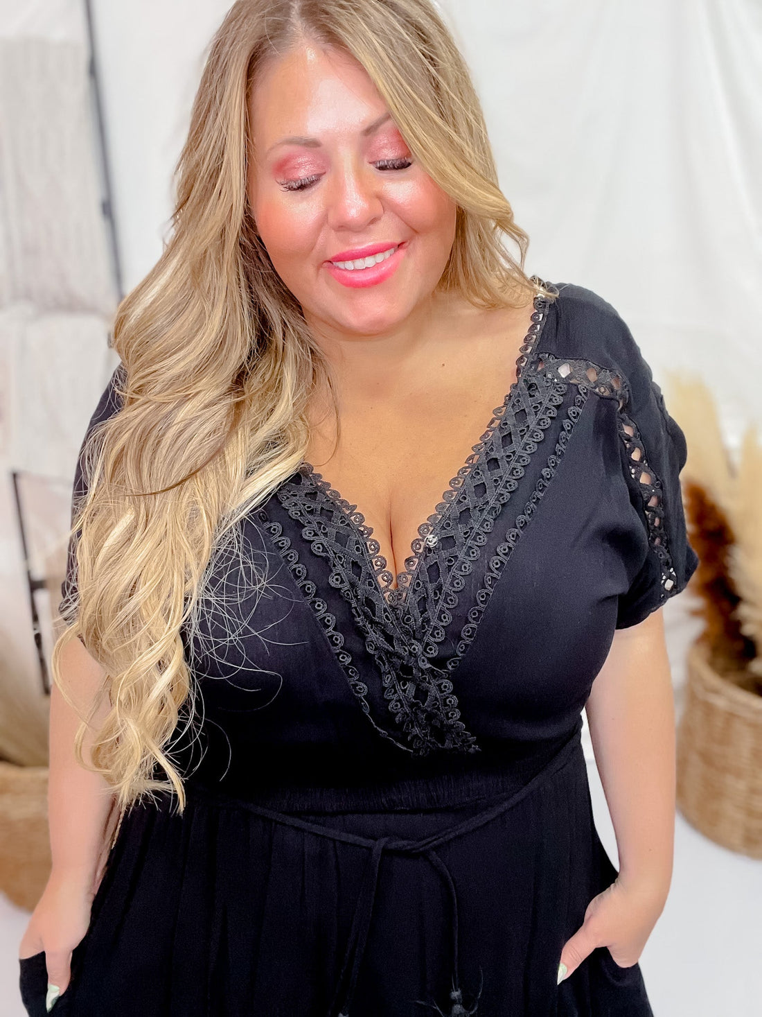 Black Lace Trim Short Sleeve Dress - Whiskey Skies - DAVI & DANI