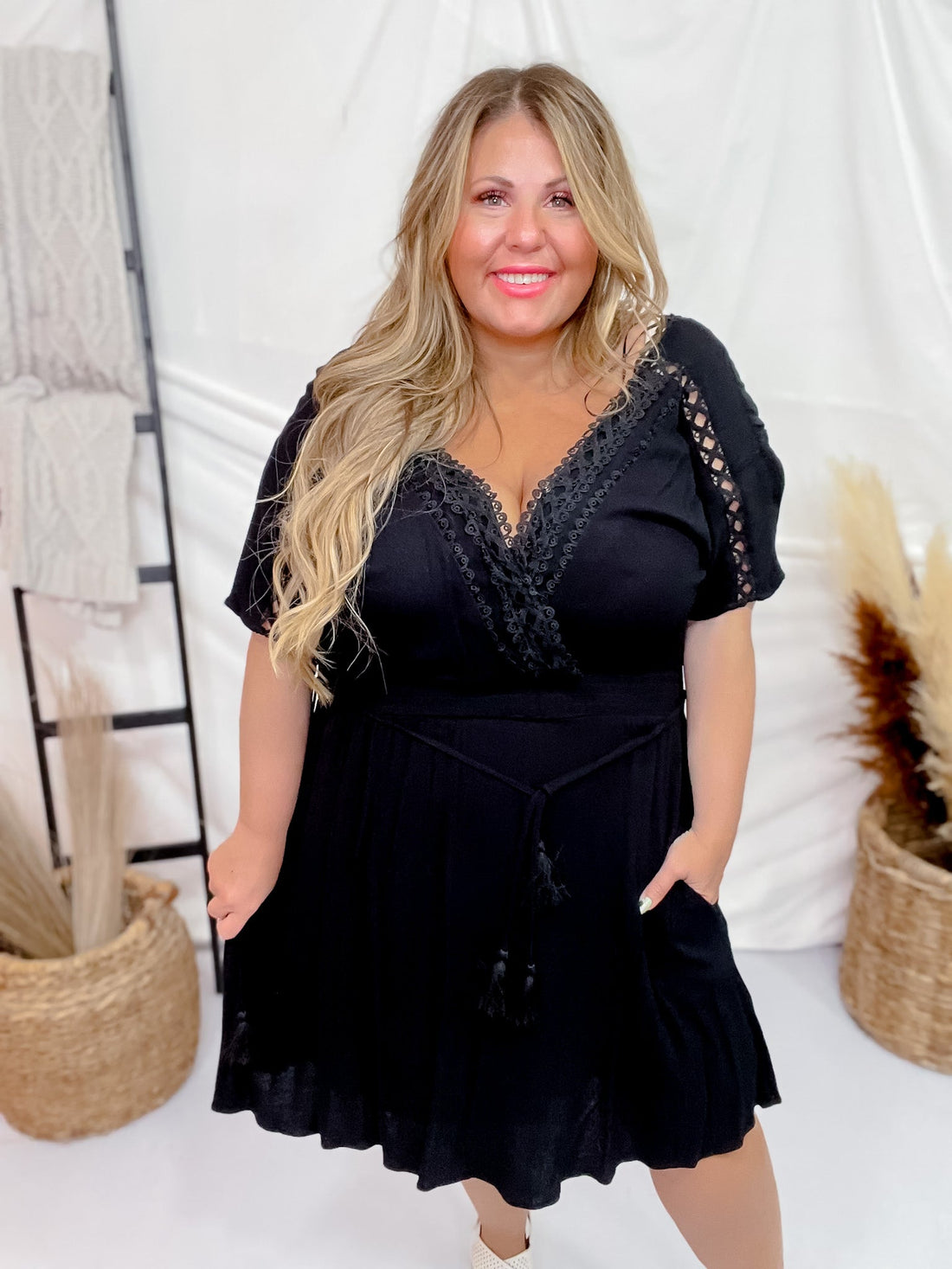 Black Lace Trim Short Sleeve Dress - Whiskey Skies - DAVI & DANI