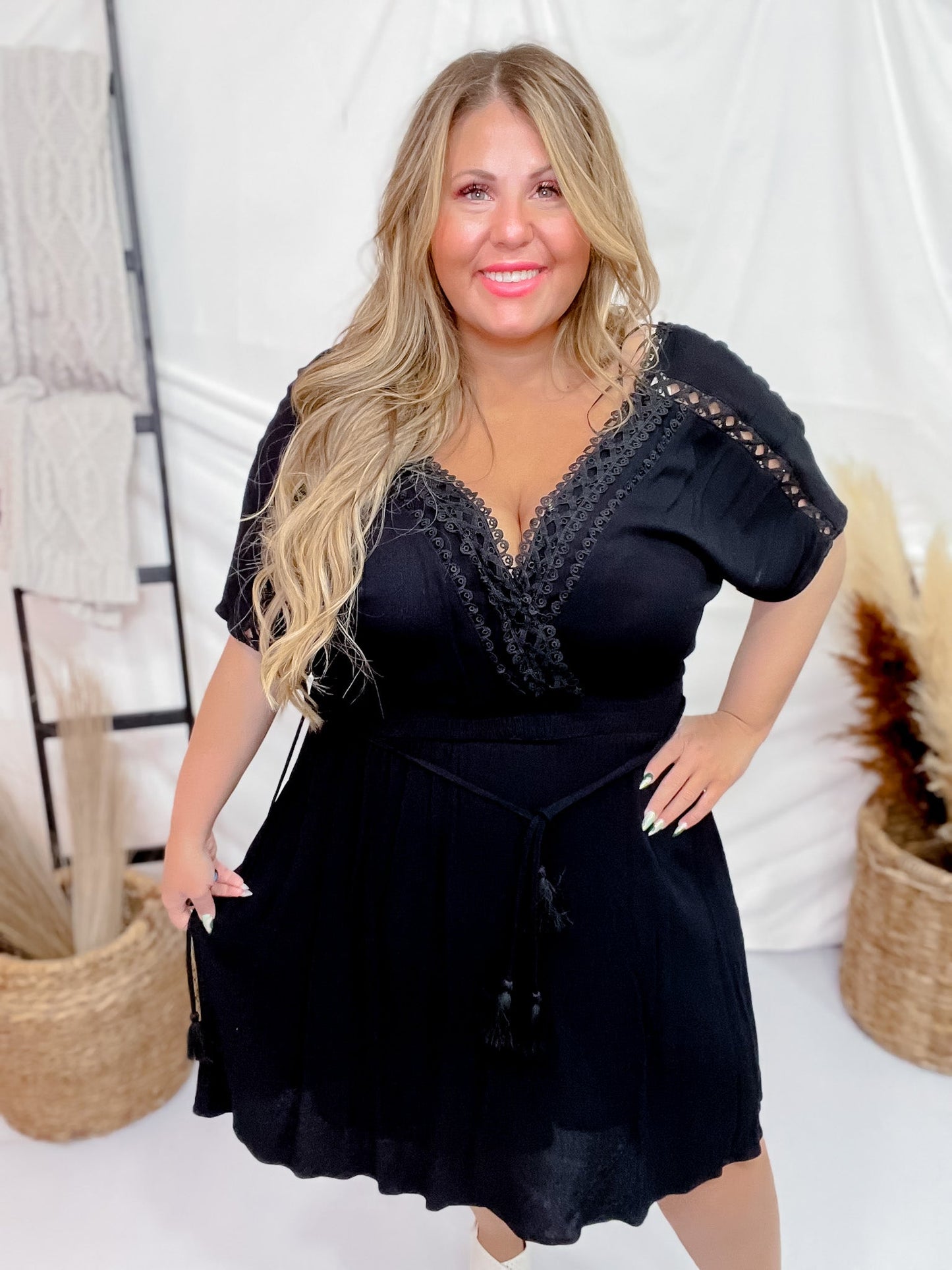 Black Lace Trim Short Sleeve Dress - Whiskey Skies - DAVI & DANI